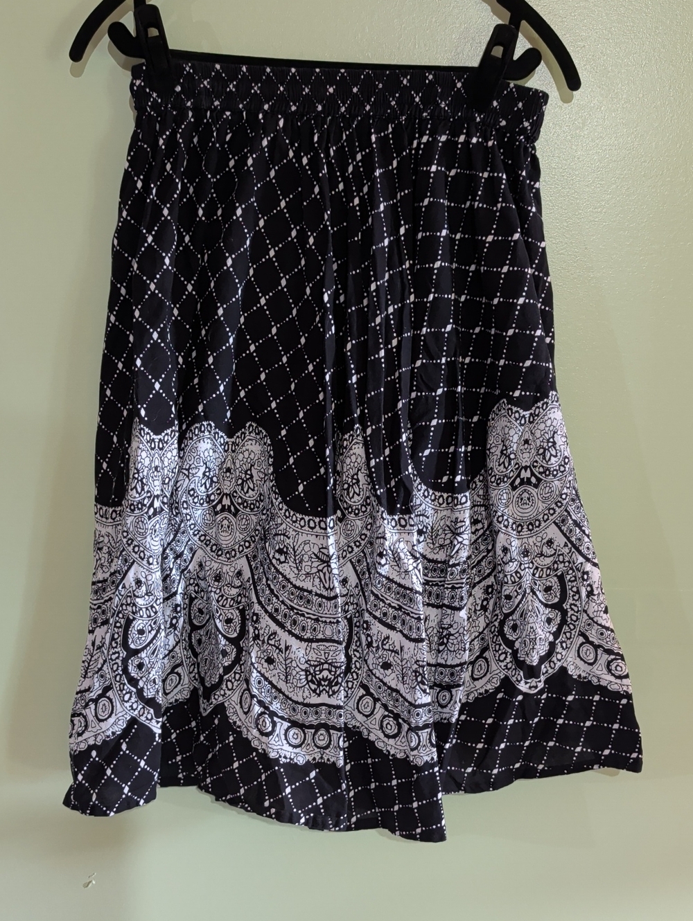 Vintage Black & White Paisley Border Midi Skirt
